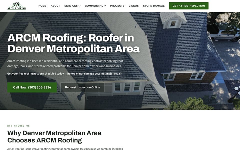 Homepage of the ARCM Roofing website, a roofing contractor in Denver, CO