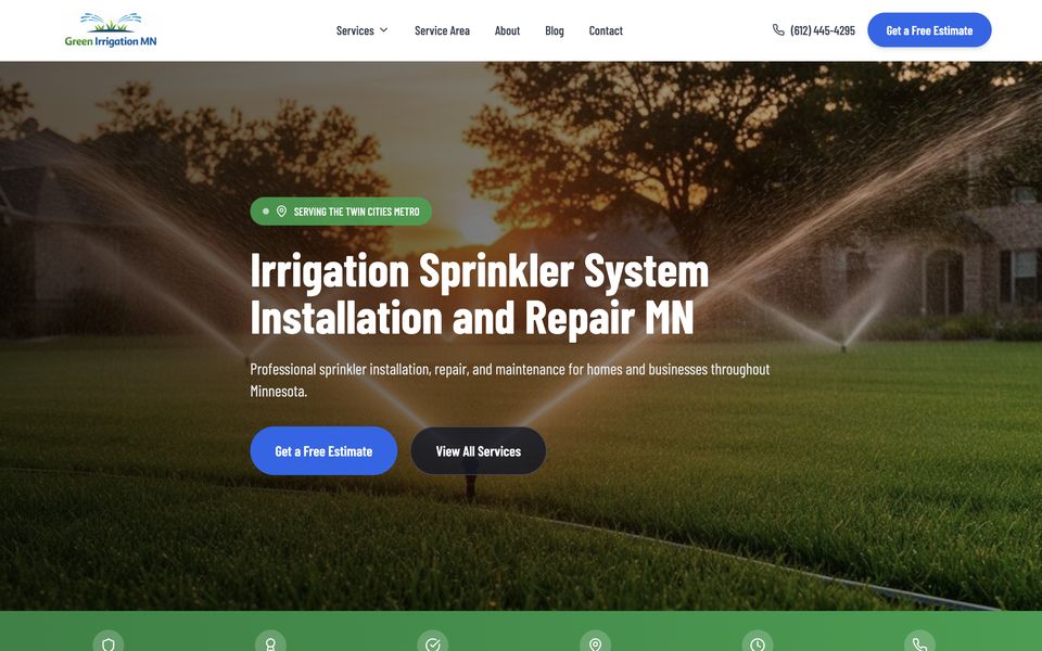 Homepage of the Green Irrigation MN website, a irrigation lead generation in Twin Cities metro, MN
