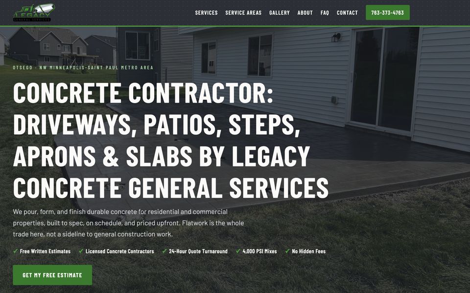 Homepage of the Legacy General Services website, a concrete contractor in Otsego, MN · NW Twin Cities