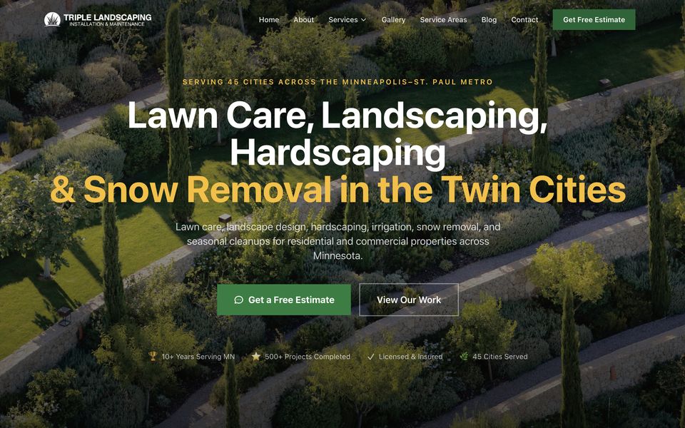Homepage of the Triple Landscaping website, a landscaping lead generation in 45 cities, Minneapolis–St. Paul, MN