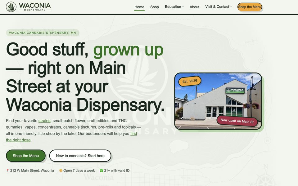 Homepage of the Waconia Dispensary website, a cannabis dispensary in Waconia, MN