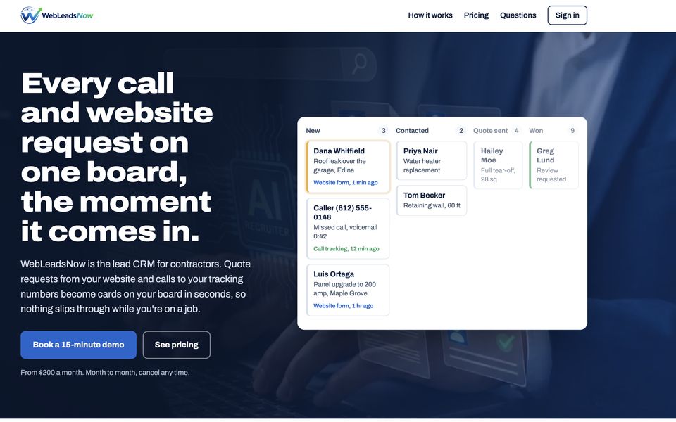 WebLeadsNow CRM app screen