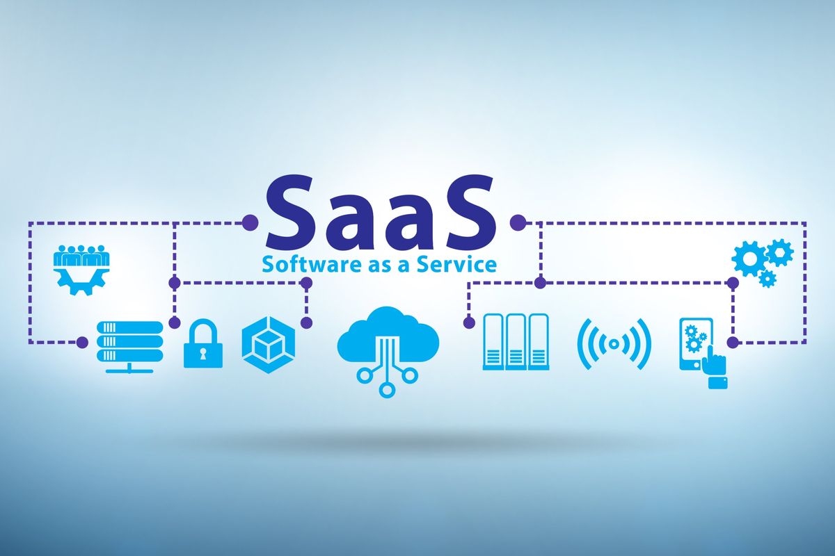 Software as a service diagram connecting cloud hosting, servers, security, connectivity and mobile access icons